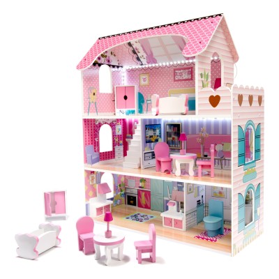 Maison de poupée en bois MDF + meuble 70cm rose LED