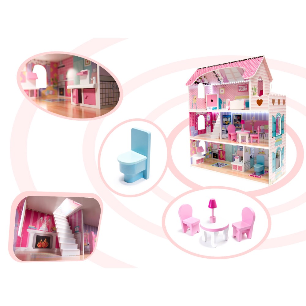 Maison de poupée en bois MDF + meuble 70cm rose LED