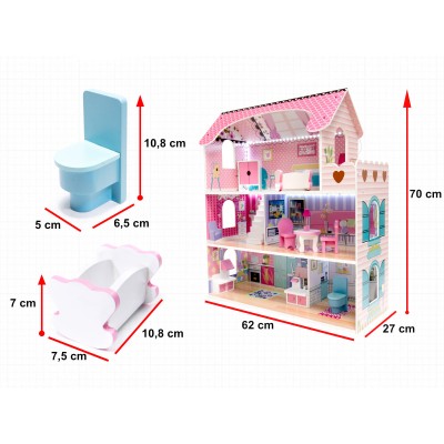 Maison de poupée en bois MDF + meuble 70cm rose LED