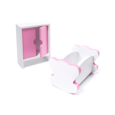 Maison de poupée en bois MDF + meuble 70cm rose LED