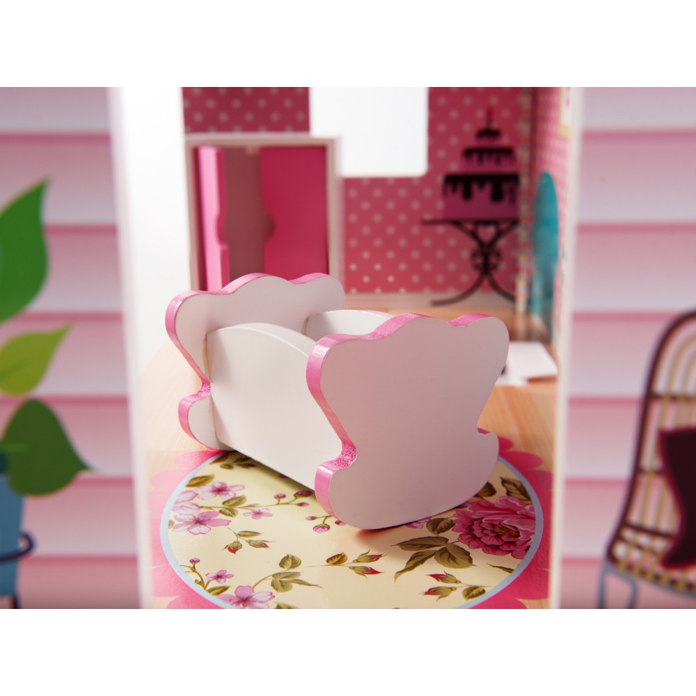 Maison de poupée en bois MDF + meuble 70cm rose LED