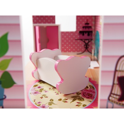 Maison de poupée en bois MDF + meuble 70cm rose LED