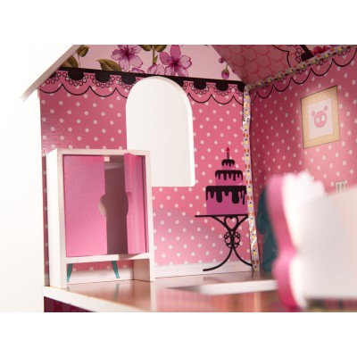 Maison de poupée en bois MDF + meuble 70cm rose LED