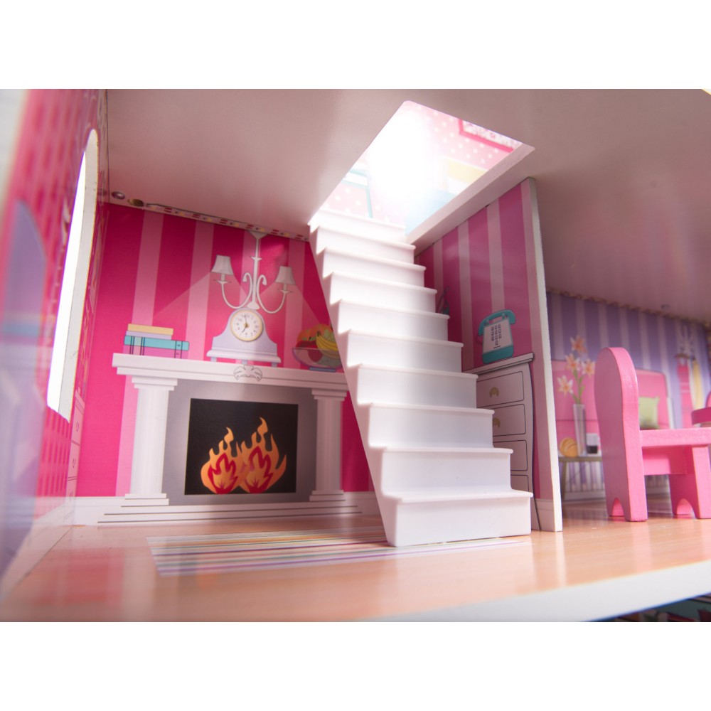 Maison de poupée en bois MDF + meuble 70cm rose LED
