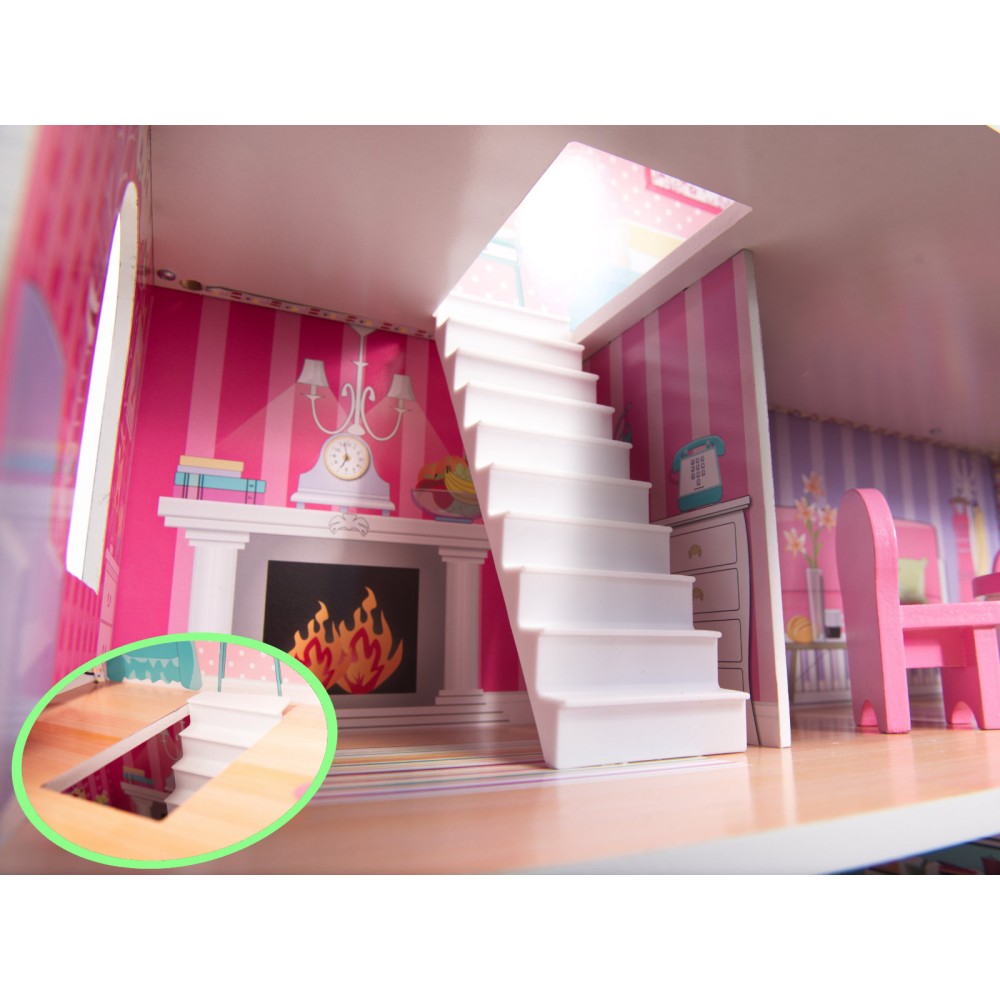 Maison de poupée en bois MDF + meuble 70cm rose LED