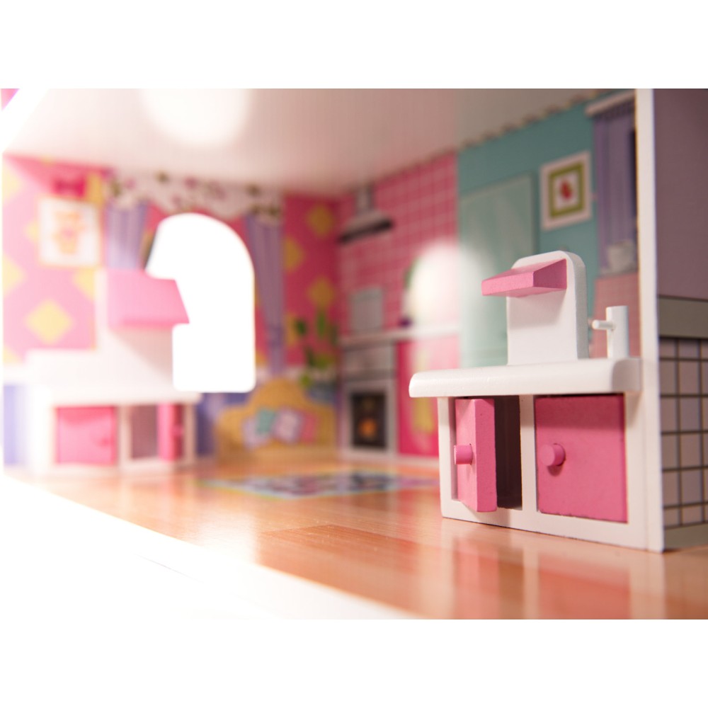 Maison de poupée en bois MDF + meuble 70cm rose LED