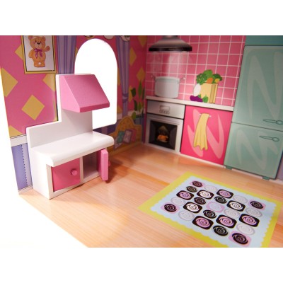 Maison de poupée en bois MDF + meuble 70cm rose LED