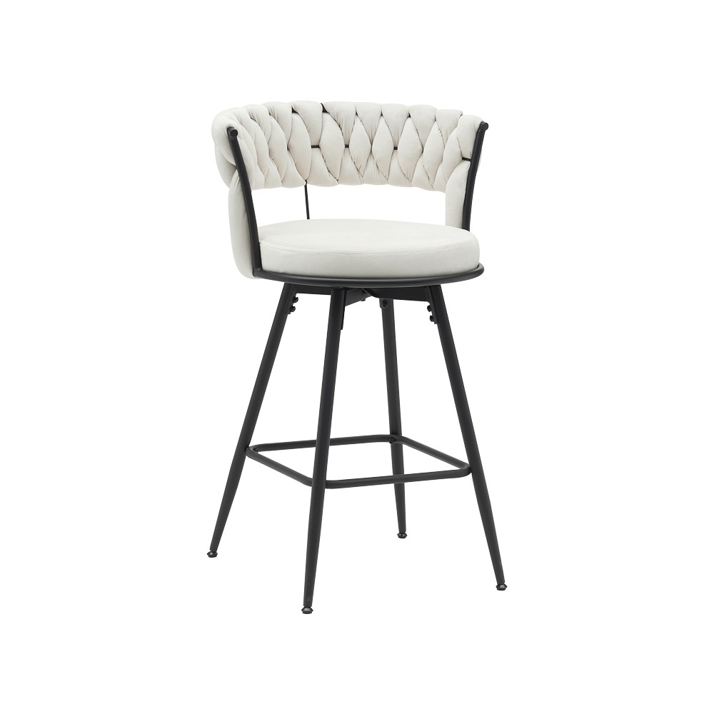 Tabouret de bar pivotant en velours beige avec pieds en métal noir 58x55x90 cm
